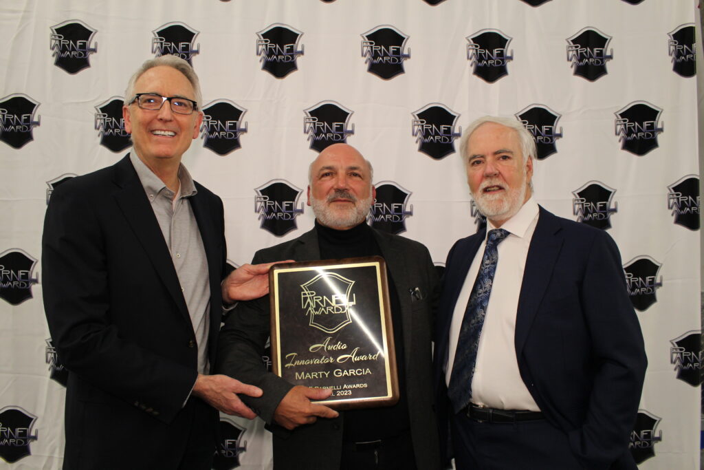 Parnelli 2023 Parnelli Awards Hall of Fame inductee Joe Lamond Audio Innovator Honoree Marty Garcia and Parnelli Executive Producer Terry Lowe